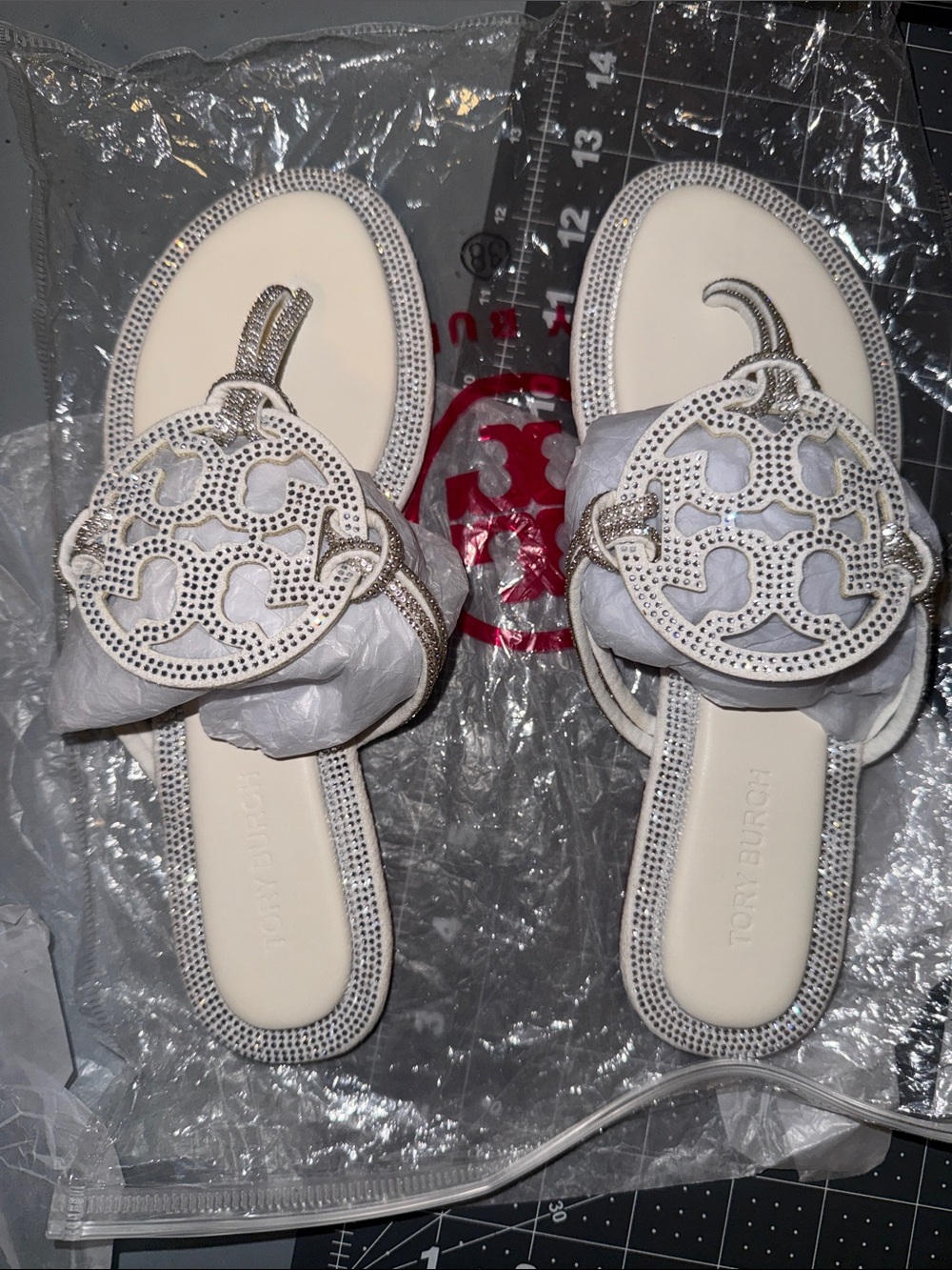 Tory Burch White Miller Logo Sandals with Crystal Trim
